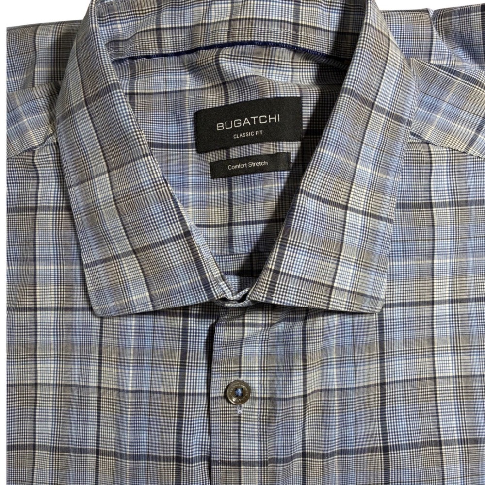 Bugatchi Mens Classic Fit Comfort Stretch Plaid Button Down Shirt Steel XL